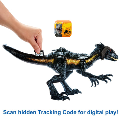 Mattel Jurassic World Dino Trackers Track 'n Attack Indoraptor, Dinosaur Toy with Sound, Lights, Motion and 3 Attack Features, Tracking Gear, Digital Play Options, Toys for Ages 4 and Up, HKY12