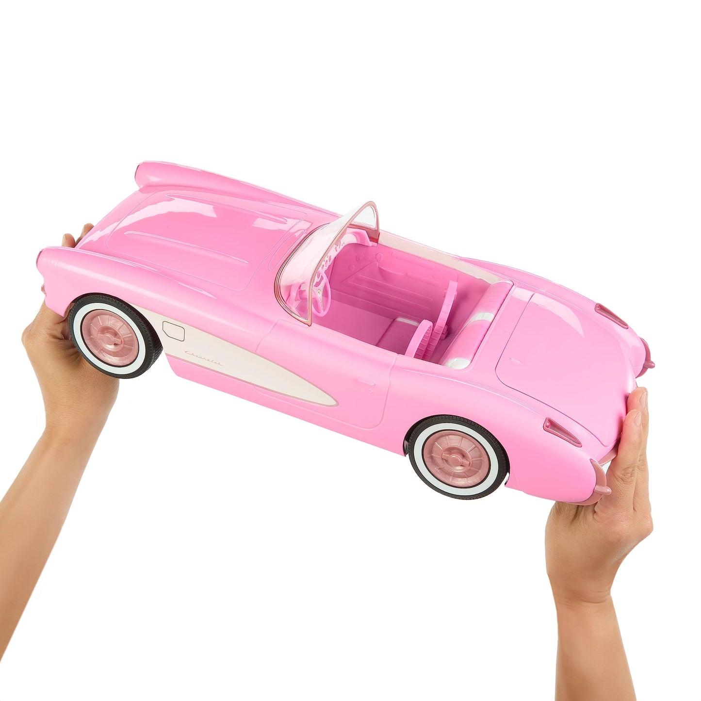 Barbie Remote Control Corvette toy car with open trunk, designed to hold 2 dolls, from the Hot Wheels movie collection.