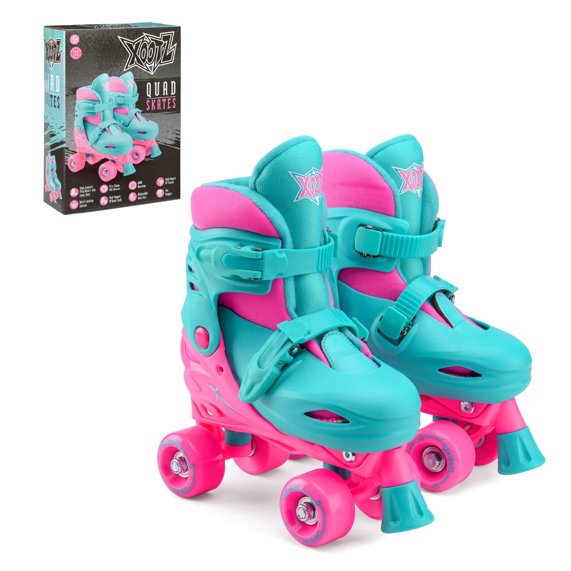 Pink Xootz kids' quad roller skates for girls, adjustable beginner skates with pink accents and four wheels for outdoor skating.