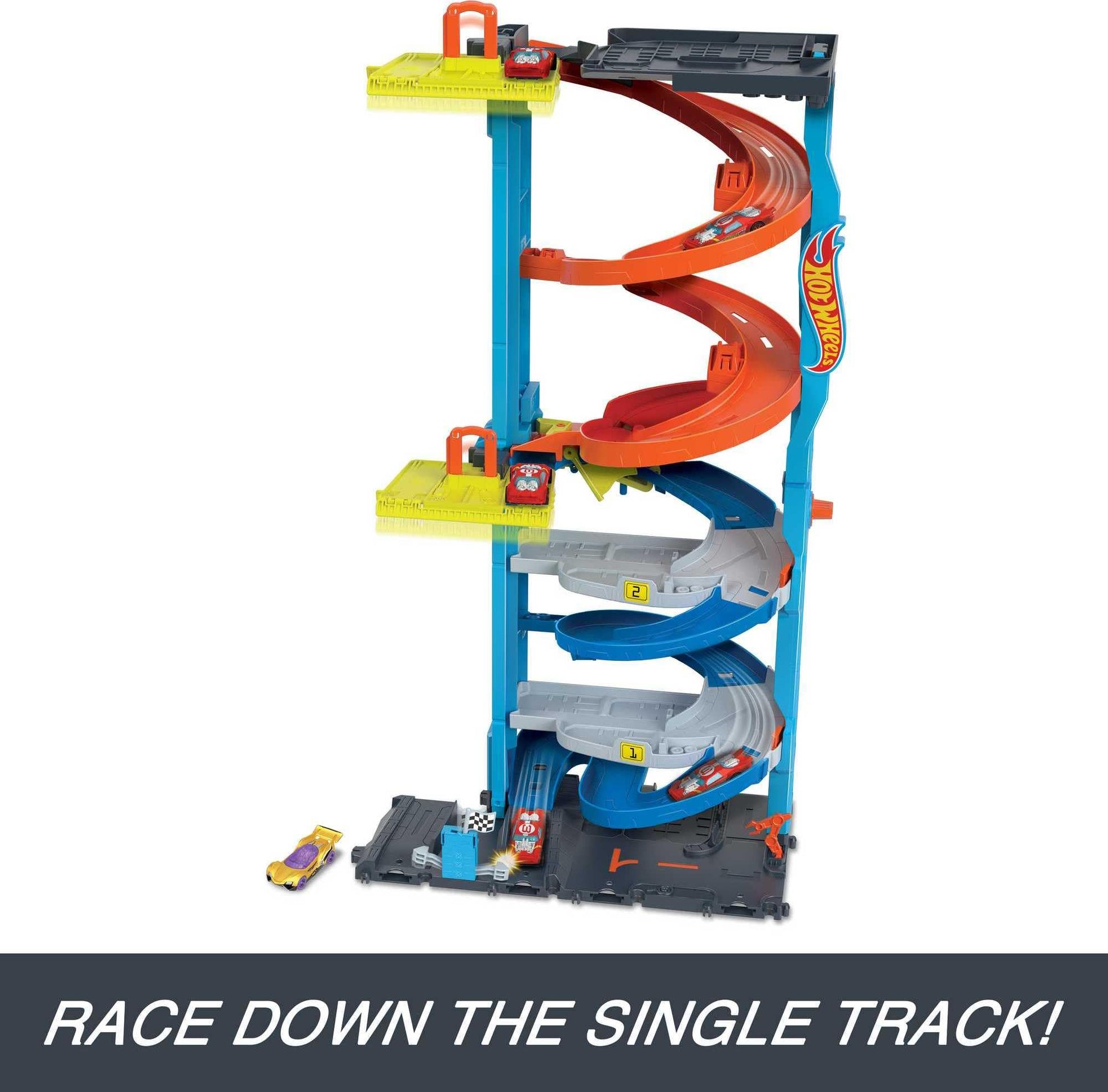 Hot Wheels City Racetrack featuring a transforming race tower, designed for single or dual racing with one 1:64 scale toy car.