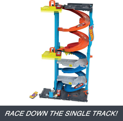 Hot Wheels City Racetrack featuring a transforming race tower, designed for single or dual racing with one 1:64 scale toy car.