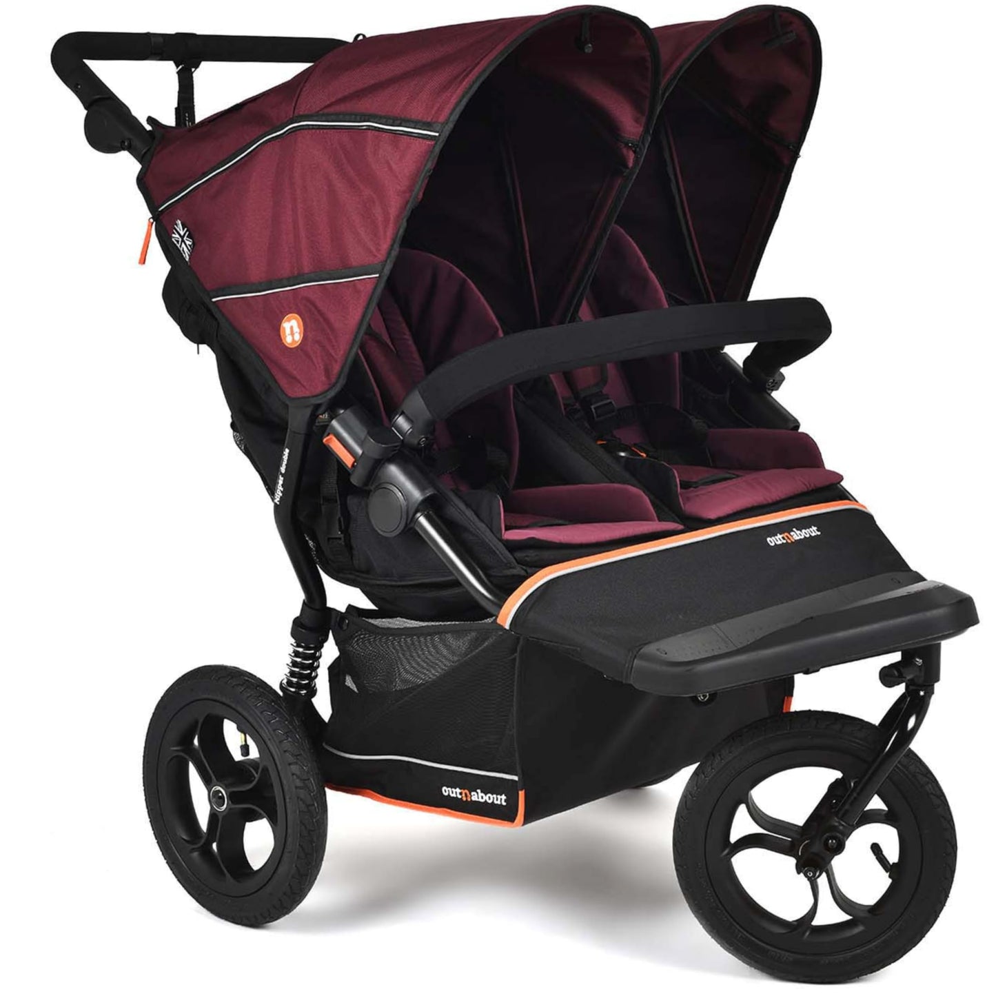 Out’n’About Nipper Double V6 Pushchair | Lightweight All-Terrain Twin Buggy with Raincover, 12” Air-Filled Wheels & Compact Fold | Side-by-Side Stroller for Newborn to Toddler - Brambleberry Red