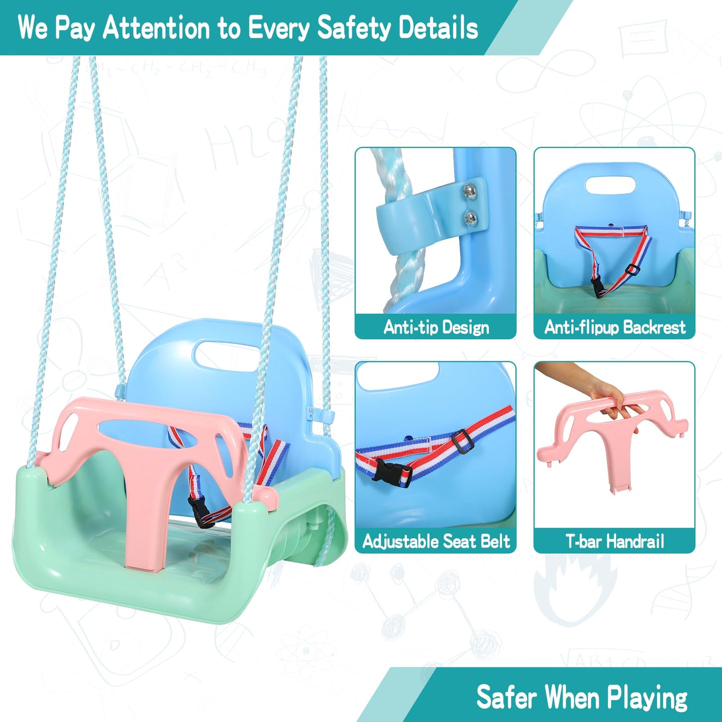 REDCAMP 3-in-1 Ajustable Toddler Swing Seat，High-Back Baby Swing Chair with Safety Strap,Ideal for Garden Indoor Outdoor Playground,6 months - teens, Light Blue