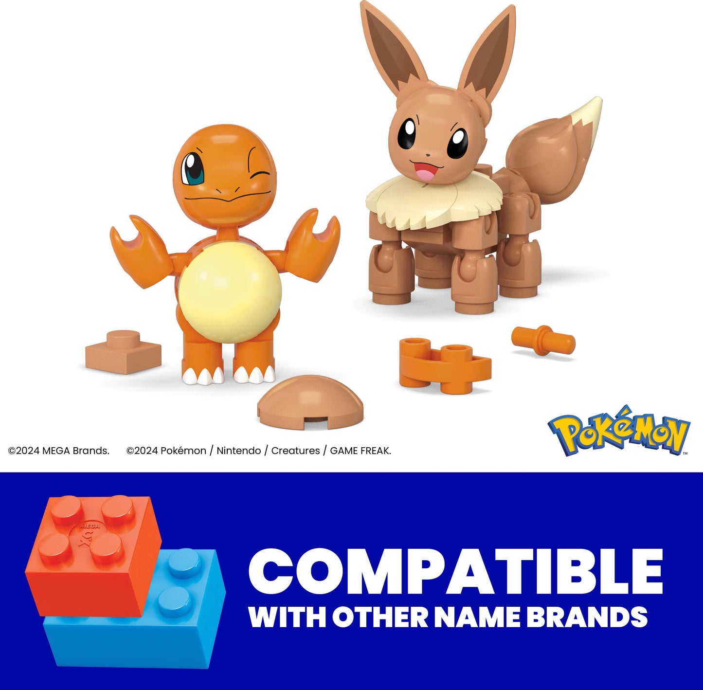 MEGA Pokémon action figure building toys set featuring Charmander and Eevee with Poké Balls and 40 pieces for kids.
