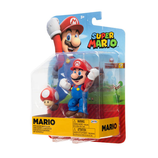 Super Mario 4-inch poseable figure with Power-up Mushroom accessory from Super Mario, suitable for ages 3 and up.