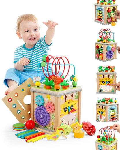 MOXTOYU Wooden Activity Cube Baby Toys, 10-in-1 Montessori Educational Toy Set for 1-3 Year Old Boys & Girls, Maze, Shape Sorter, Rotating Gear Xylophone Words & Clock Learning, 1st Gifts for Toddler