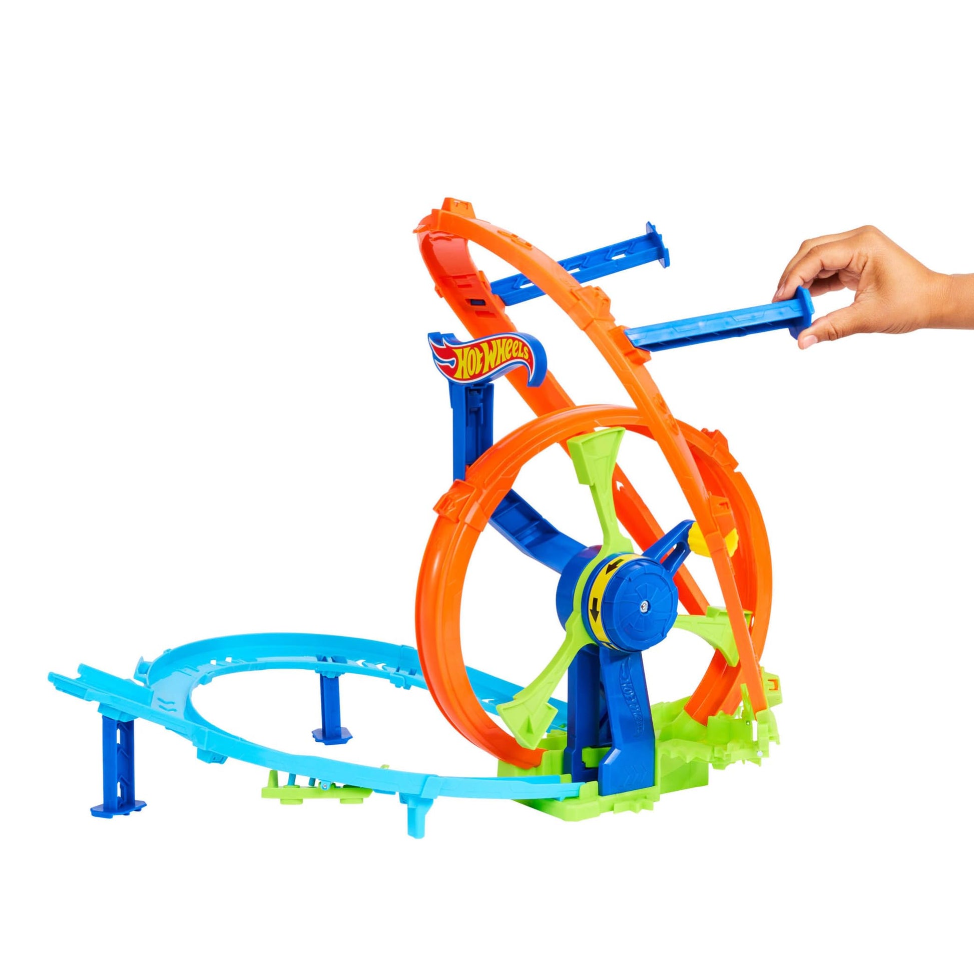 Hot Wheels toy car track set featuring a figure 8 track with loop-kicker booster and a 1:64 scale die-cast vehicle.