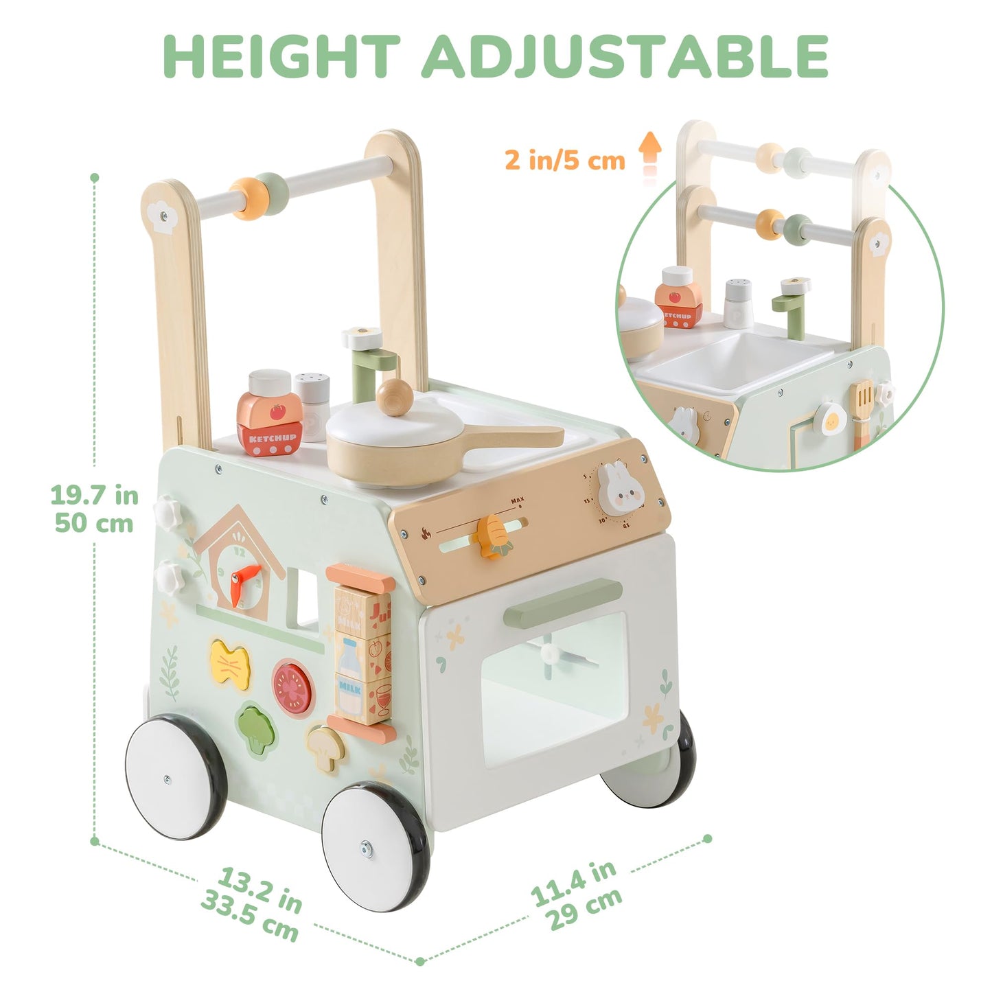 Robud wooden baby walker with adjustable height and speed, sensory play features, storage basket, and natural wood finish for toddlers