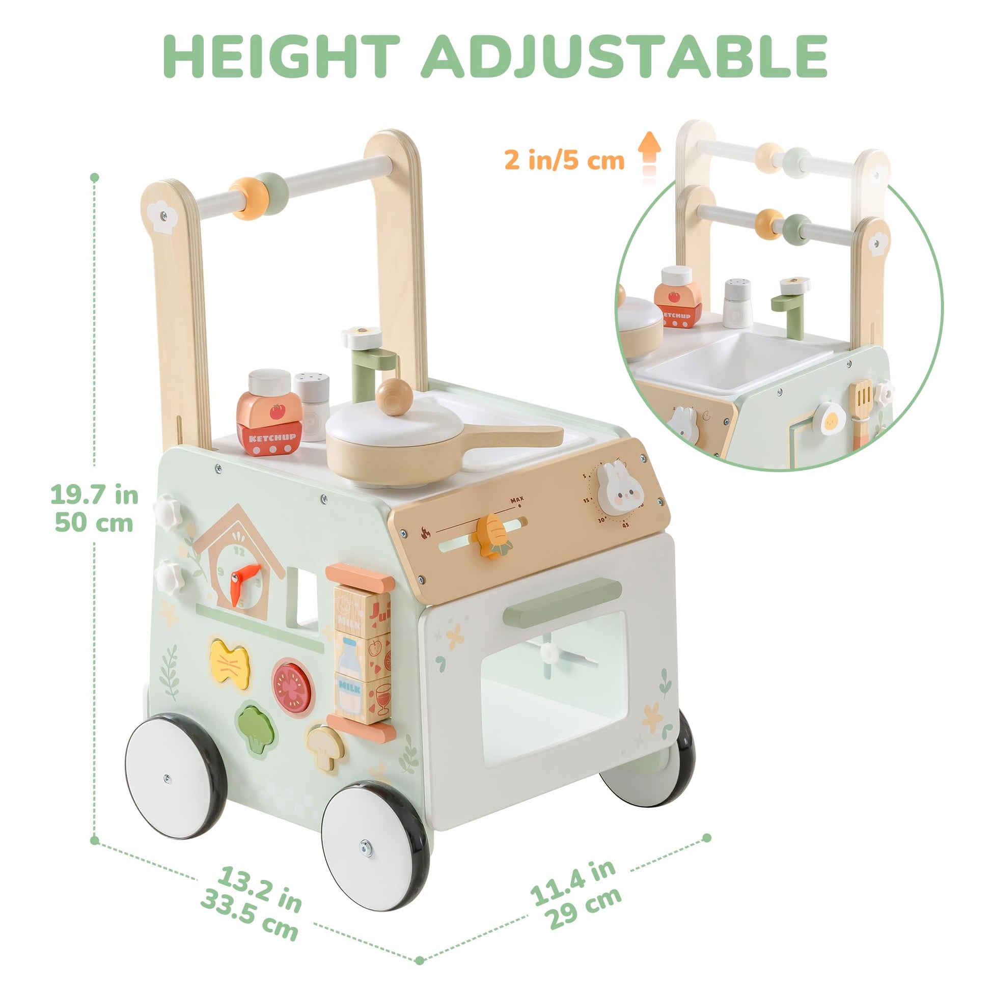 Robud wooden baby walker with adjustable height and speed, sensory play features, storage basket, and natural wood finish for toddlers
