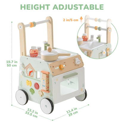 Robud wooden baby walker with adjustable height and speed, sensory play features, storage basket, and natural wood finish for toddlers
