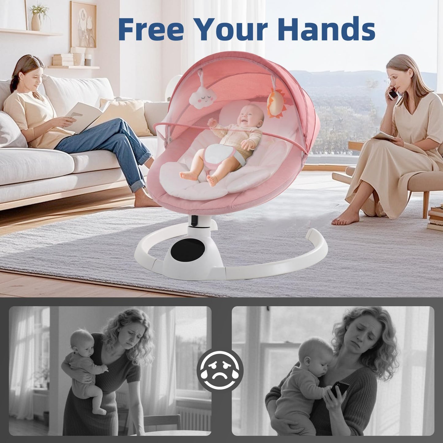 Cozydwells pink electric baby swing chair with Bluetooth, 5 swing speeds, remote control, touch screen music speaker, portable rocker seat