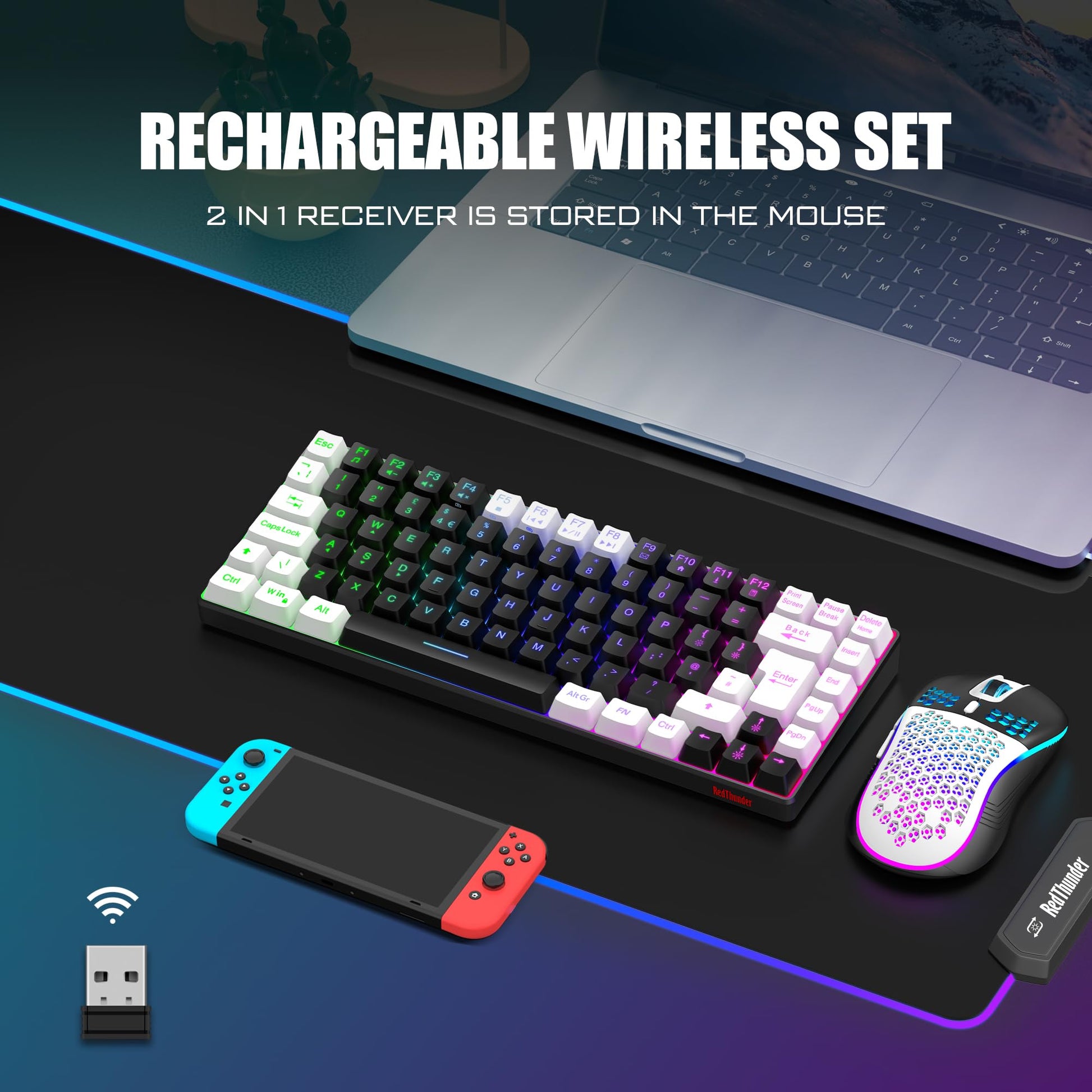 RedThunder K84 wireless gaming keyboard and honeycomb gaming mouse with rainbow backlight, UK layout, compact TKL design in black-white.