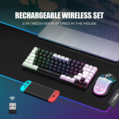 RedThunder K84 wireless gaming keyboard and honeycomb gaming mouse with rainbow backlight, UK layout, compact TKL design in black-white.