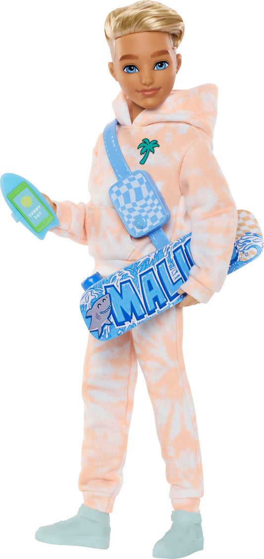 Barbie Dream Besties Ken posable fashion doll with blonde hair and skateboard-themed accessories in vibrant summer attire.