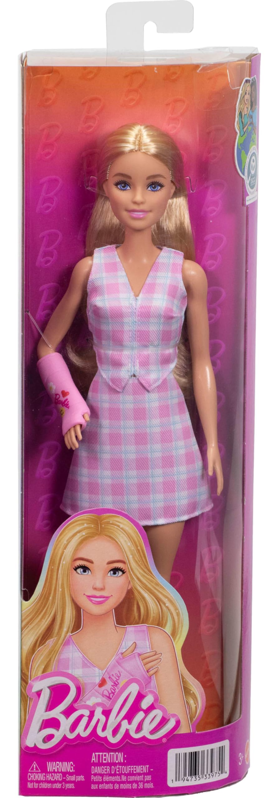 Barbie Fashionistas Doll #243 with blonde hair, plaid outfit, pink arm cast, and pink loafers.