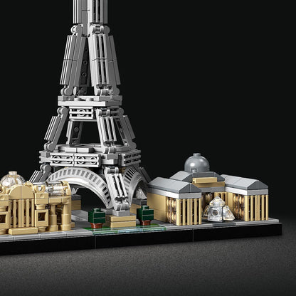LEGO Architecture Paris model set featuring Eiffel Tower and Louvre, perfect for office decor and collectible display.