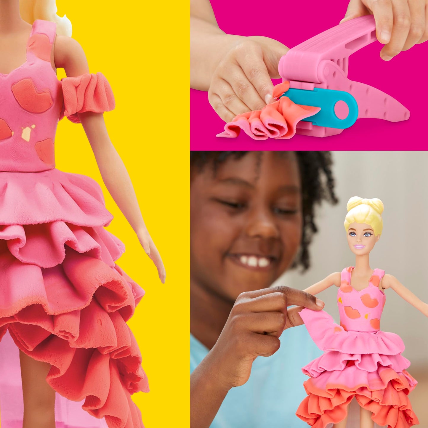 Play-Doh Barbie Designer Fashion Show Playset featuring colorful molds, fashion accessories, and a runway scene.
