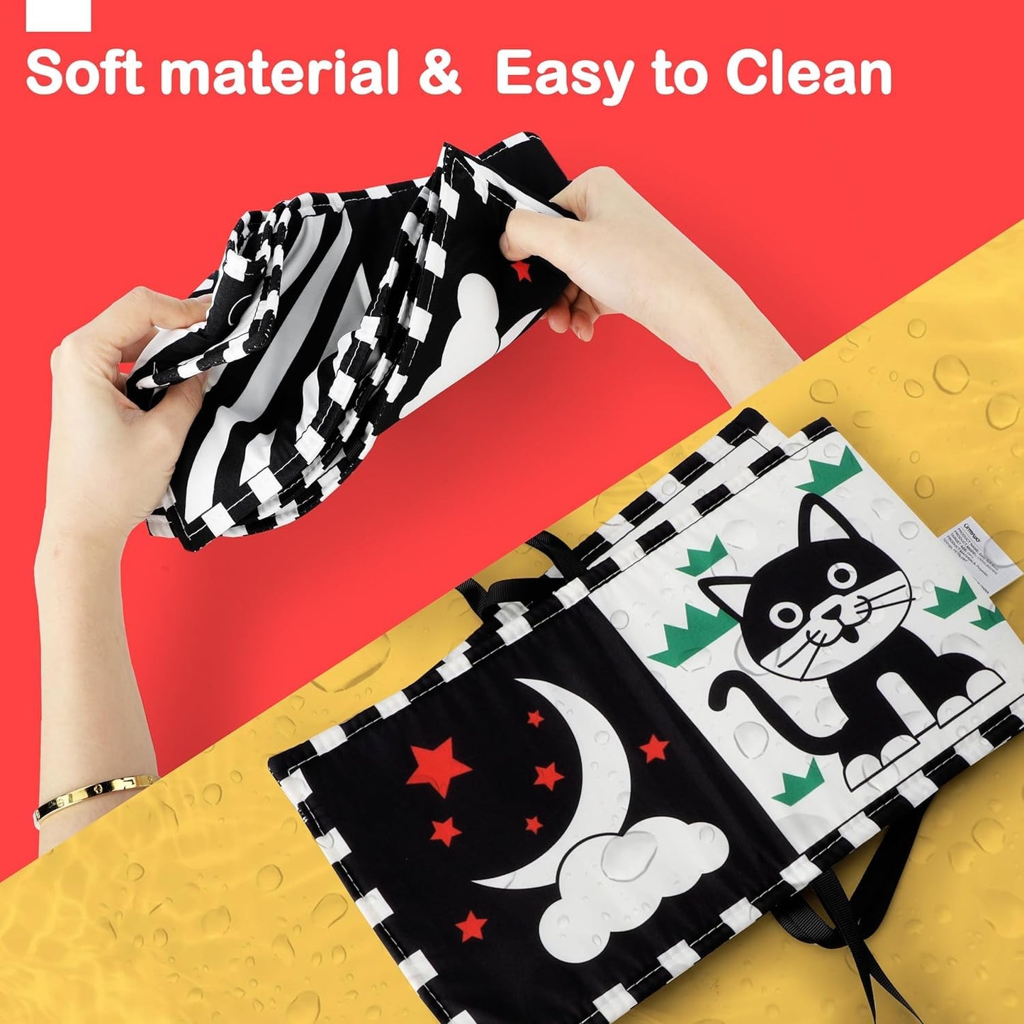URMYWO black and white sensory baby toys for brain development, including a soft book for tummy time and newborn essentials.