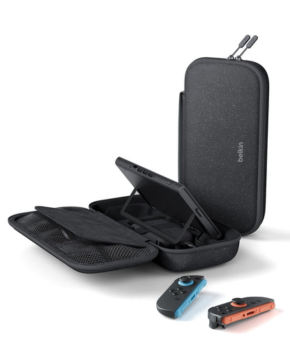 Belkin Nintendo Switch 2 gaming charger case with 10,000mAh power bank, LCD display, 20W fast charging, charcoal color.