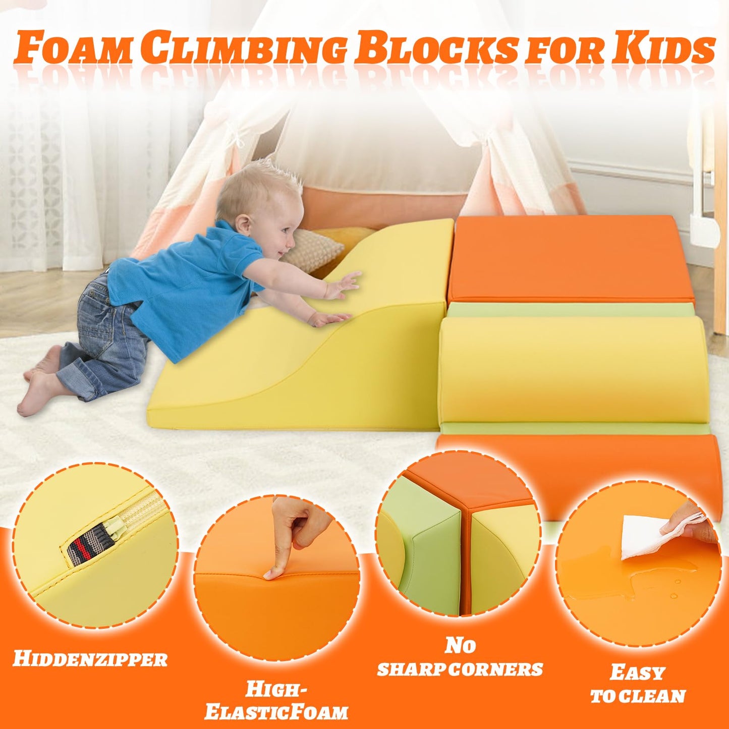 Set of 5 orange baby soft foam blocks with ramps, designed for toddler climbing, crawling, and sensory motor skill play.