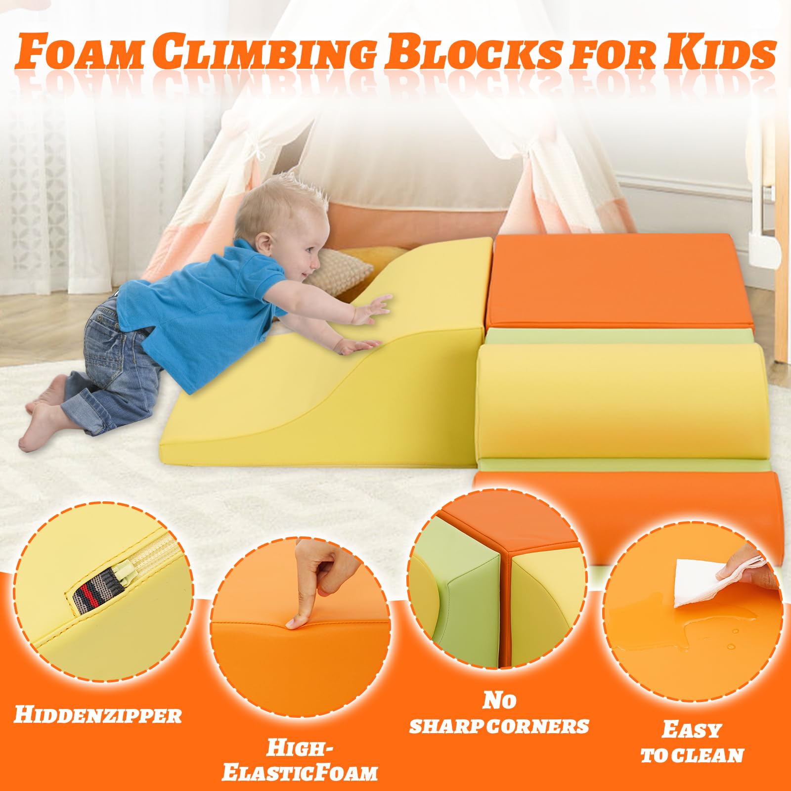 Set of 5 orange baby soft foam blocks with ramps, designed for toddler climbing, crawling, and sensory motor skill play.