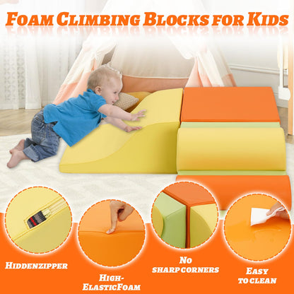 Set of 5 orange baby soft foam blocks with ramps, designed for toddler climbing, crawling, and sensory motor skill play.