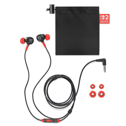 PowerA wired Nintendo Switch earbuds in black with in-ear design, 8mm drivers, swappable tips, and storage bag.