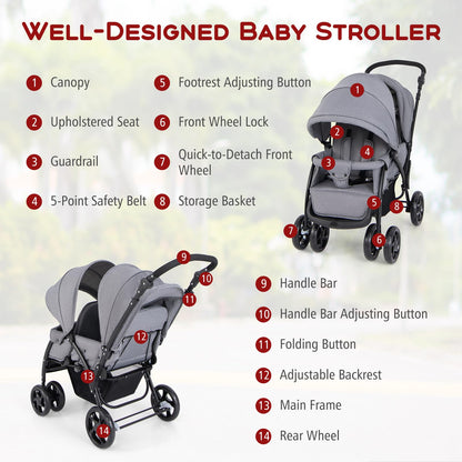 GYMAX Double Seat Stroller with Adjustable Push Handle, Detachable Canopy and Foot Rest, Foldable Baby Pushchair Buggy for Traveling, Going Shopping & Hanging Out (Grey)