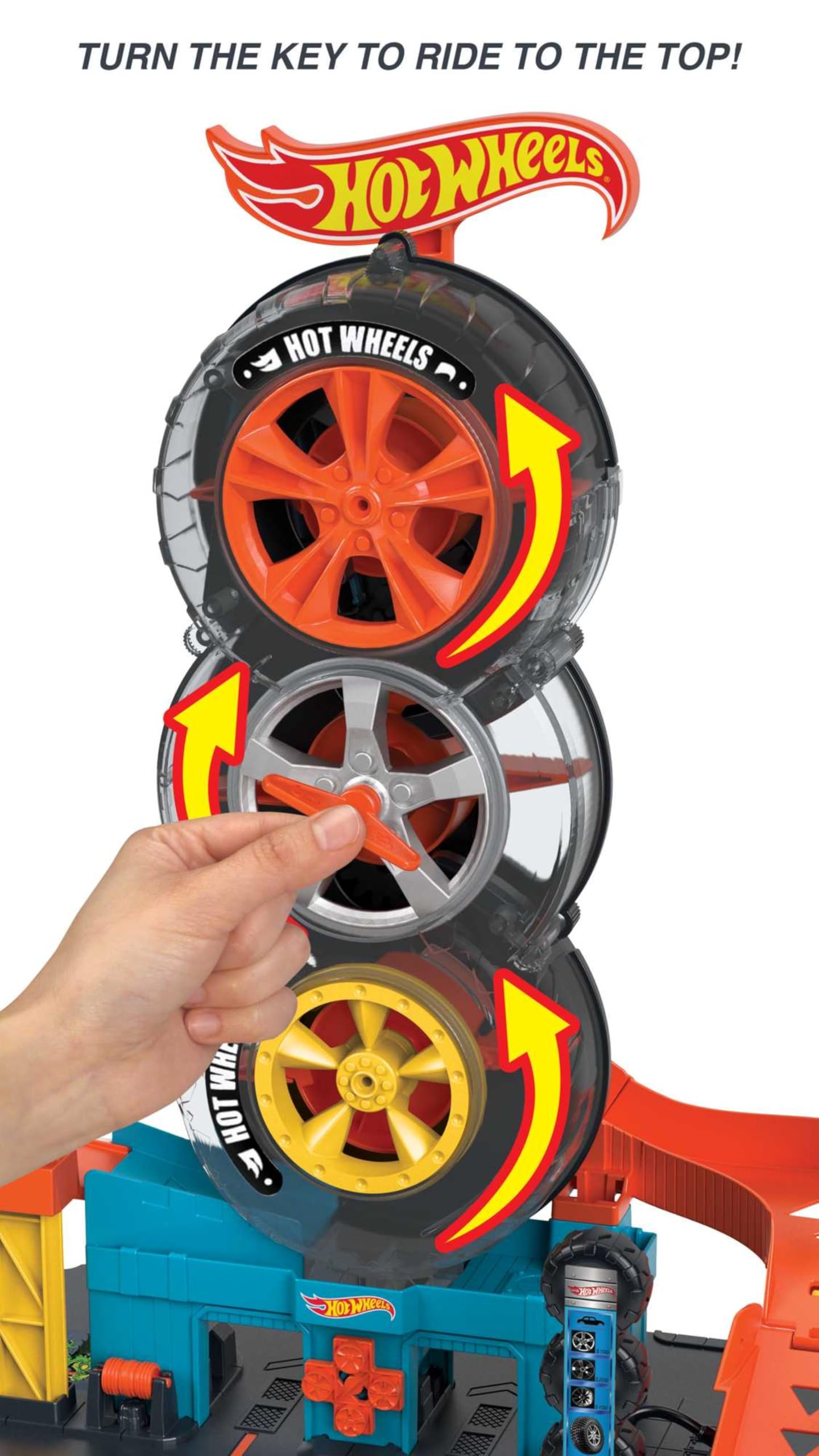 Hot Wheels City Super Twist Tire Shop Playset with spinning key and tire track, featuring one Hot Wheels car for kids.