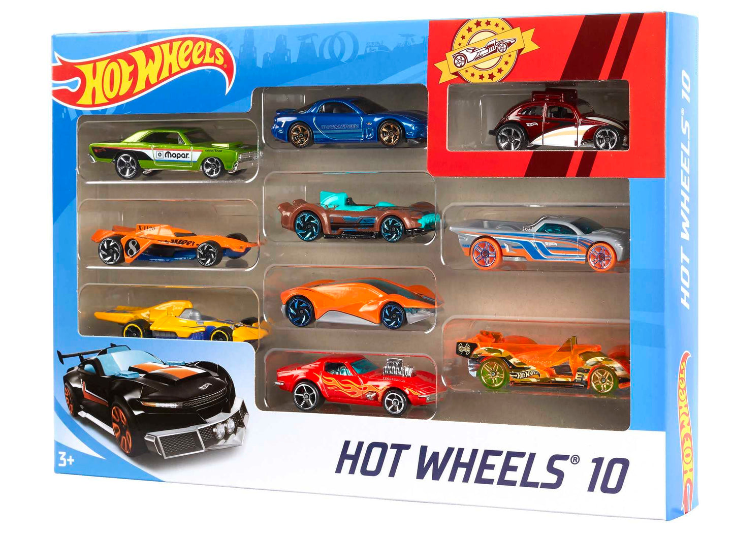 Assorted Hot Wheels toy cars and trucks in 1:64 scale, including race cars, police cars, and firetrucks, set of 10.