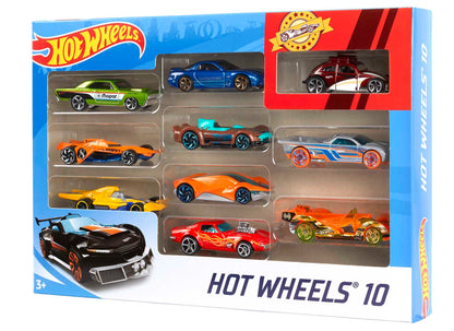 Assorted Hot Wheels toy cars and trucks in 1:64 scale, including race cars, police cars, and firetrucks, set of 10.