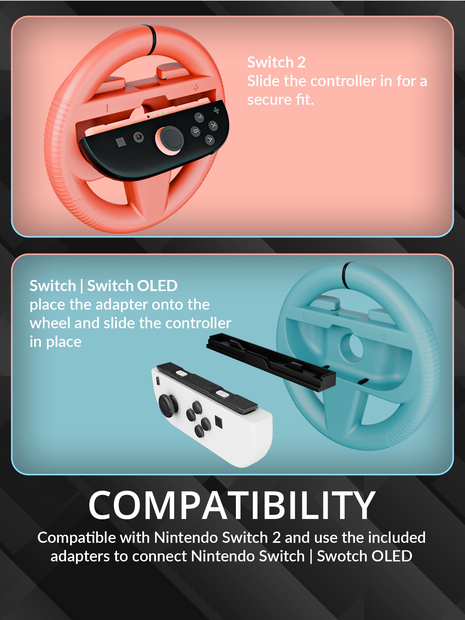 Orzly twin pack of red and blue steering wheels compatible with Nintendo Switch 2 Joy Con controllers for racing games and kart titles.