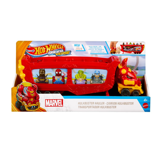 Hot Wheels RacerVerse Marvel Hulkbuster Hauler, Transport & Store Up to 10 Toy Vehicles, Detachable Cab with Flip-Up Helmet & Non-Removable Figure, HRY02