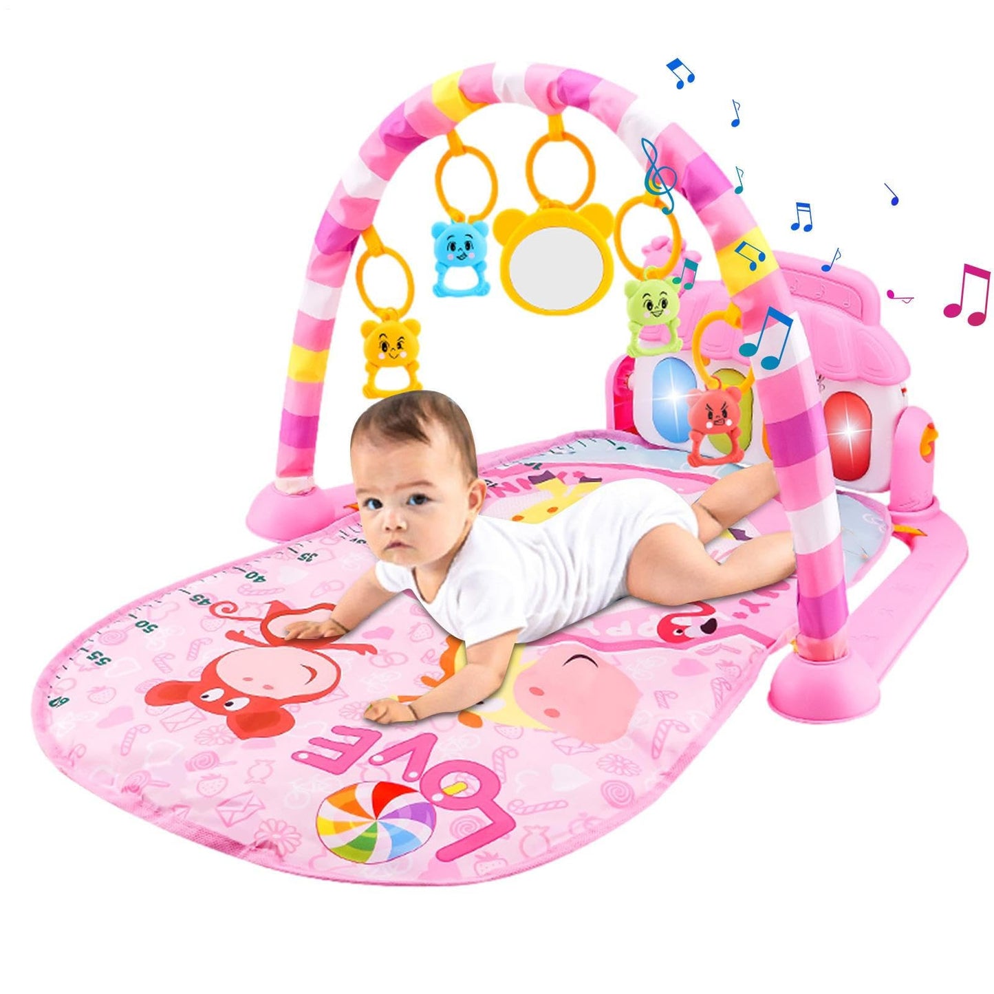 Ylnailky baby gym play mat with colorful toys, cartoon piano, and music features for infants aged 0-36 months.