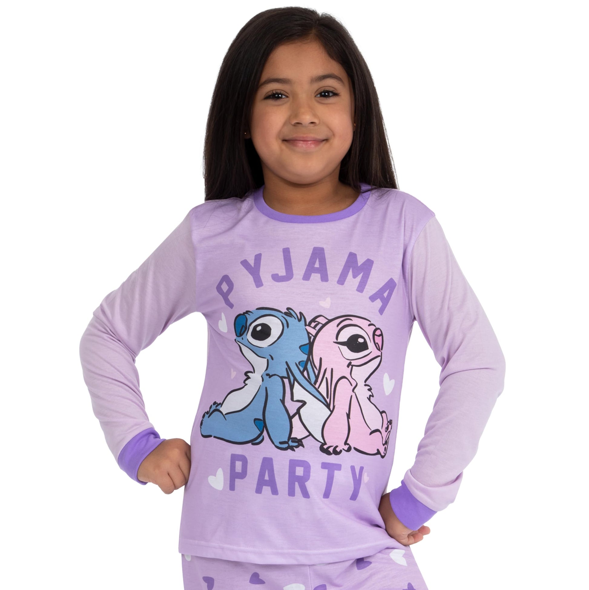 Disney Lilo and Stitch girls' purple matching pajamas featuring Stitch and Angel, perfect for mum and daughter, size 6-7 years.