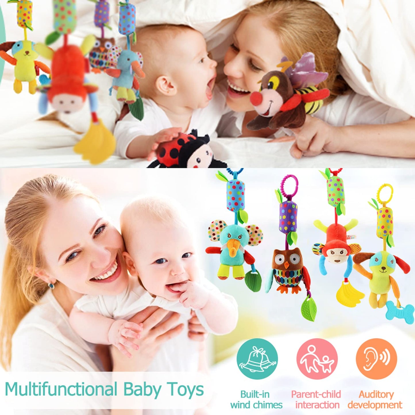 Set of four wohot baby pram toys including plush animals, rattles, wind chimes, and teethers for newborns and toddlers.