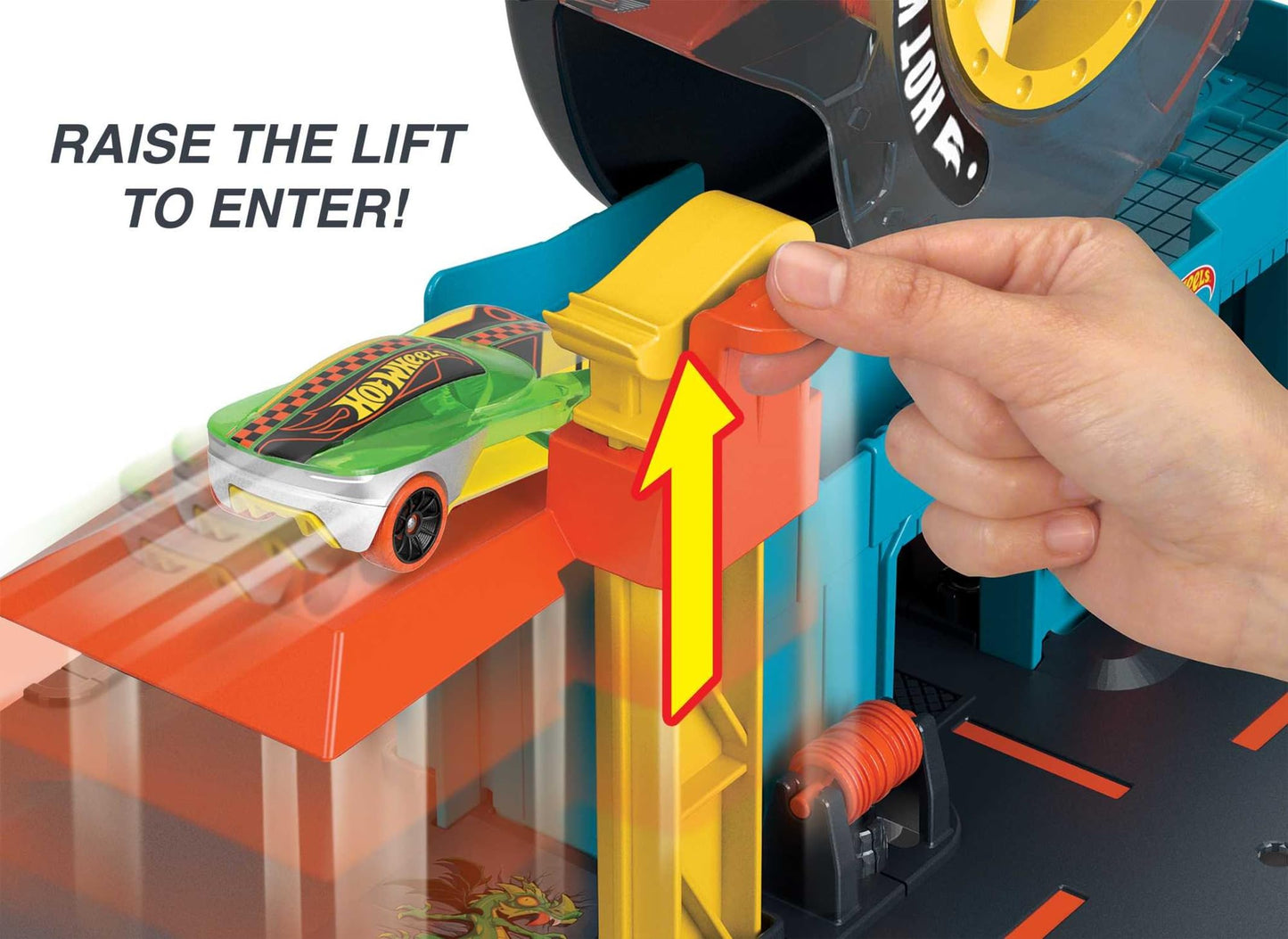 Hot Wheels City Super Twist Tire Shop Playset with spinning key and included Hot Wheels car for kids aged 4 to 8.