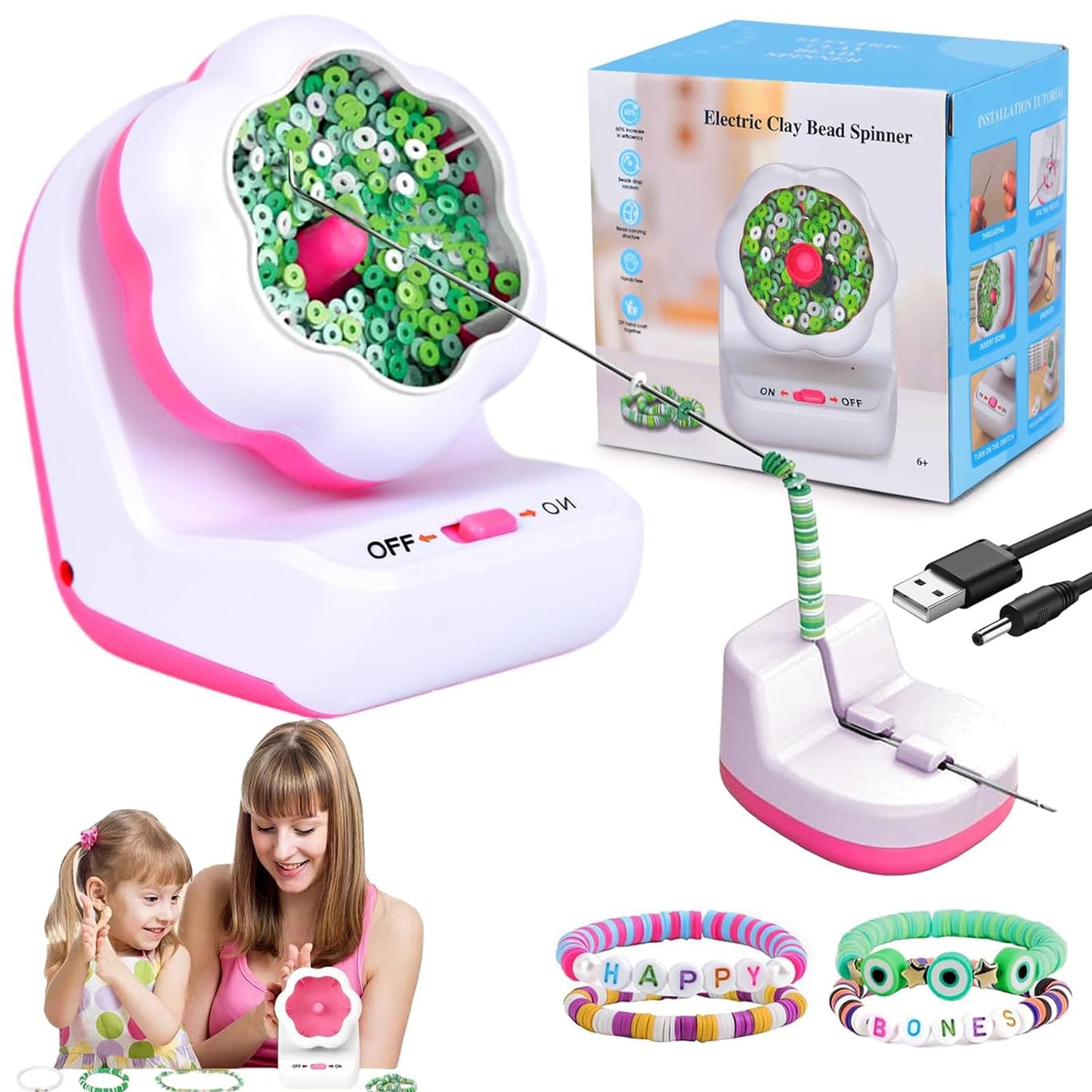 Clay Bead Spinner, Electric Bead Spinner for Jewelry Making, USB Charging Bracelet Maker Machine,Bead Spinner Needles and Thread for Making Waist Beads, Bracelet, Necklace