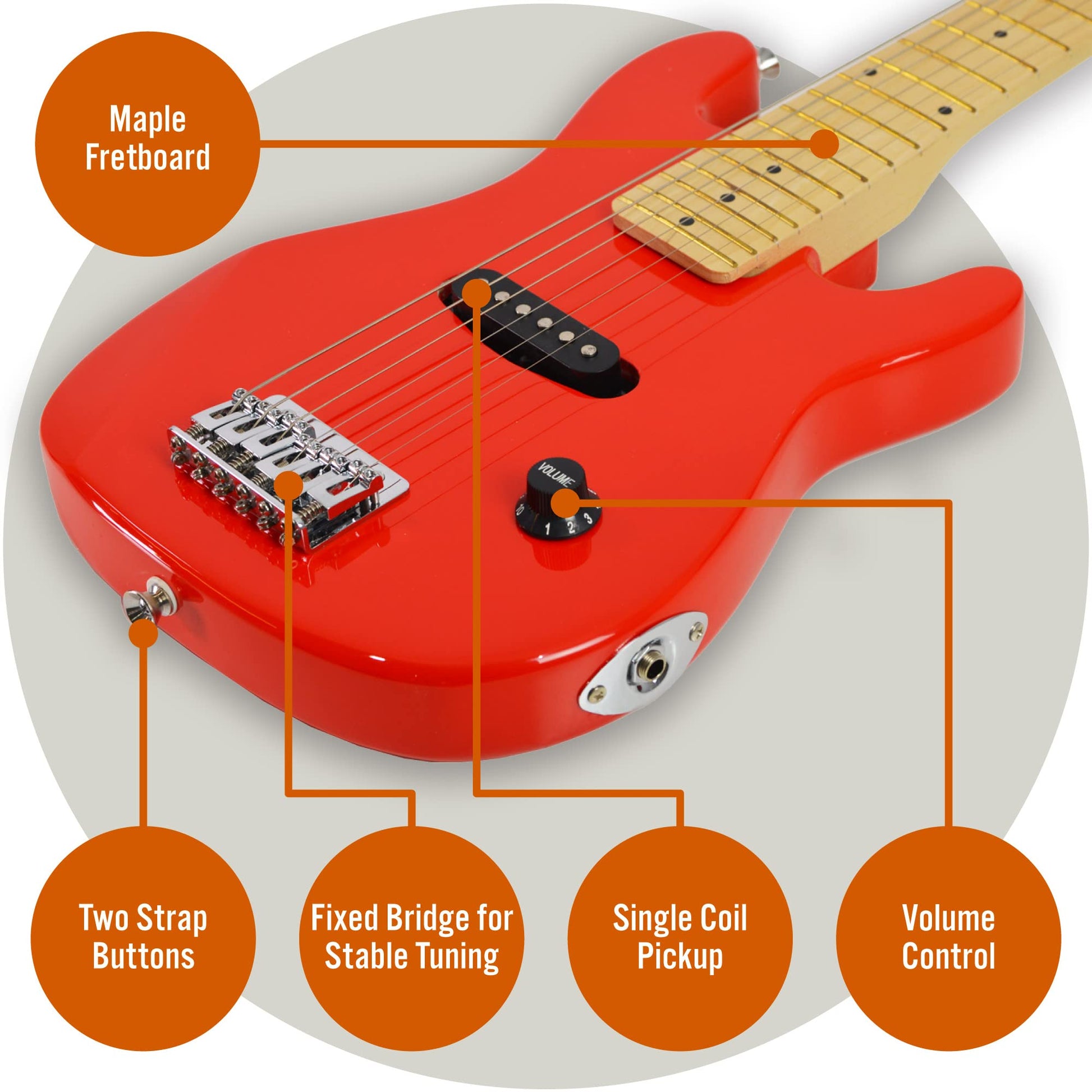 3rd Avenue 1/4 size kids electric guitar pack in red with 5W amp, cable, gig bag, picks, and strap for beginner junior musicians