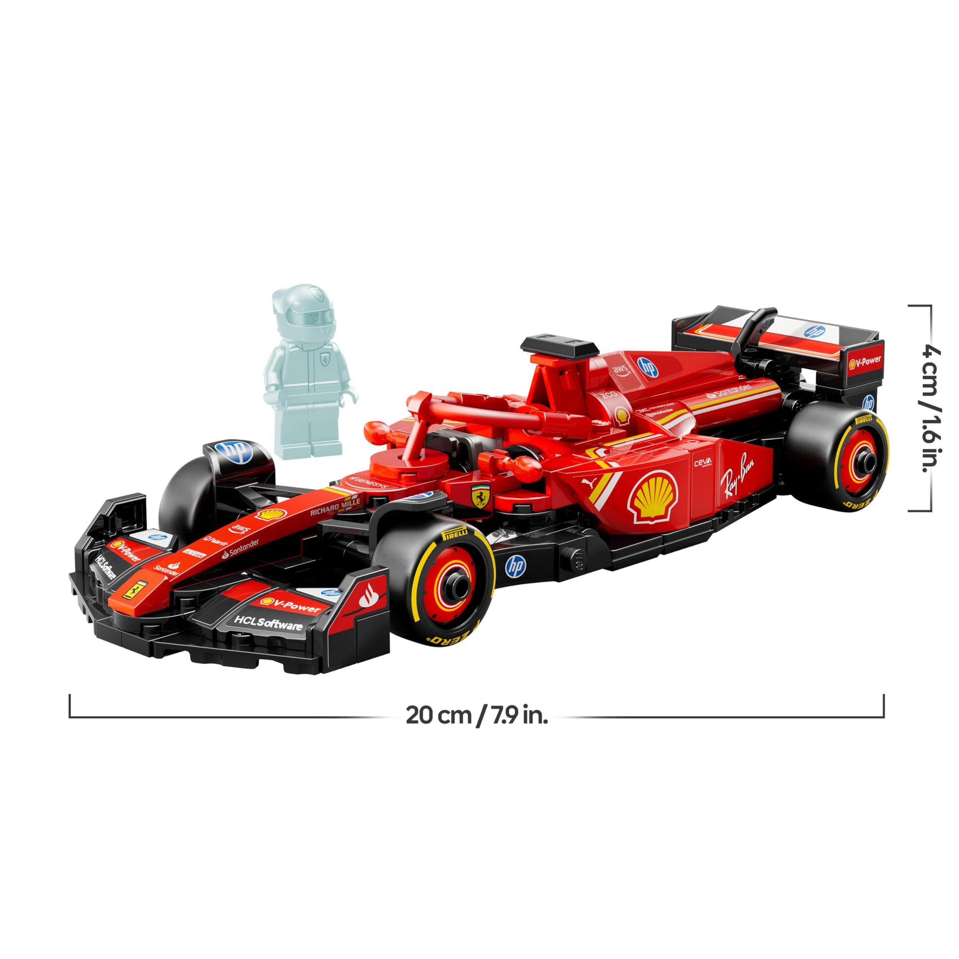 LEGO Speed Champions Ferrari SF-24 F1 race car model kit with a Formula 1 driver minifigure on a display stand.