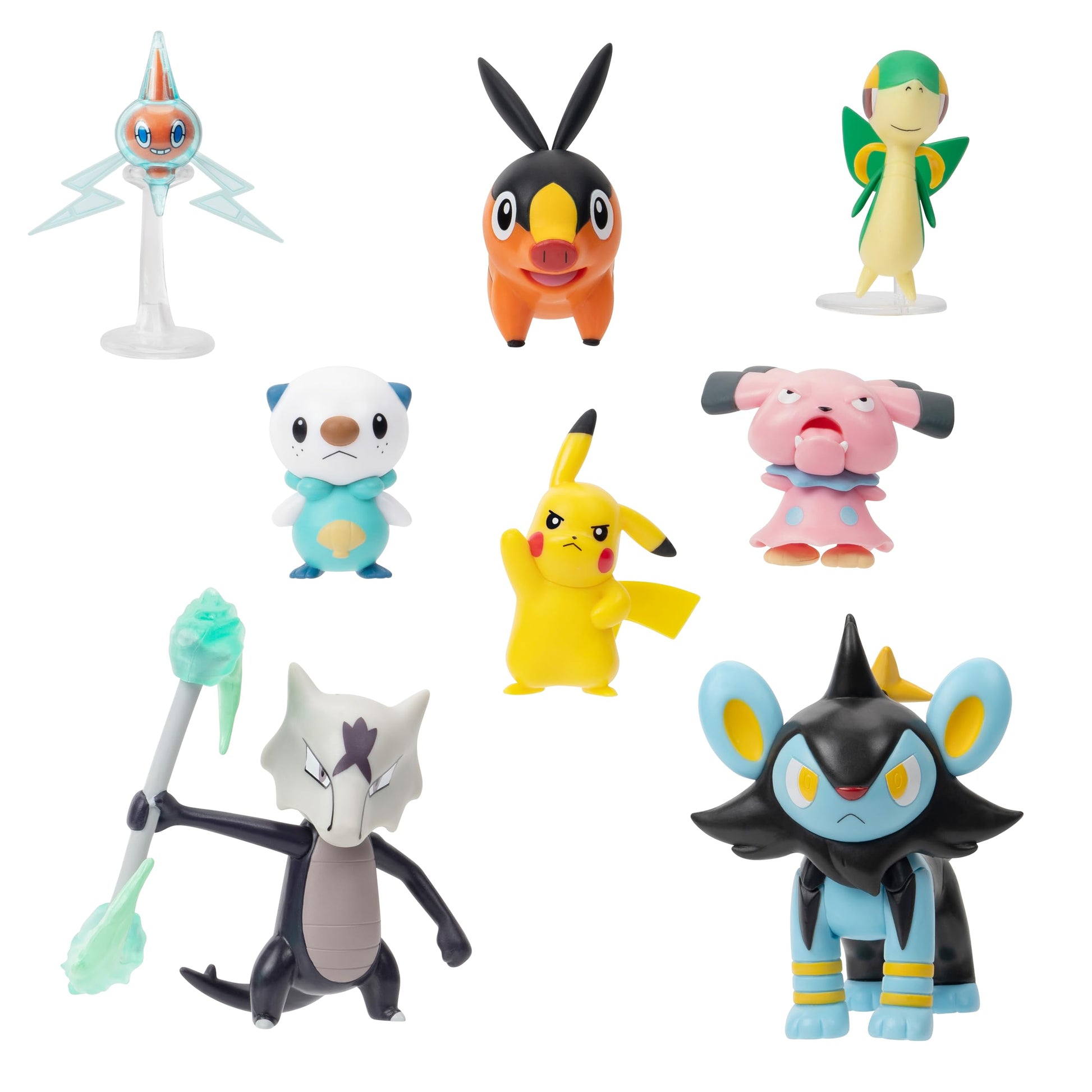 Jazwares Pokémon Battle Figure 8 Pack featuring six 2-inch and two 3-inch figures, including Pikachu and other characters.