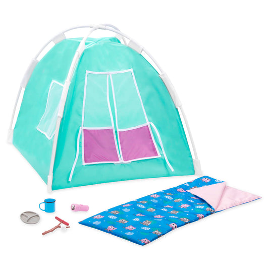 Our Generation Happy Camper set featuring a tent, sleeping bag, campfire accessories, and camping dish for 18" dolls.