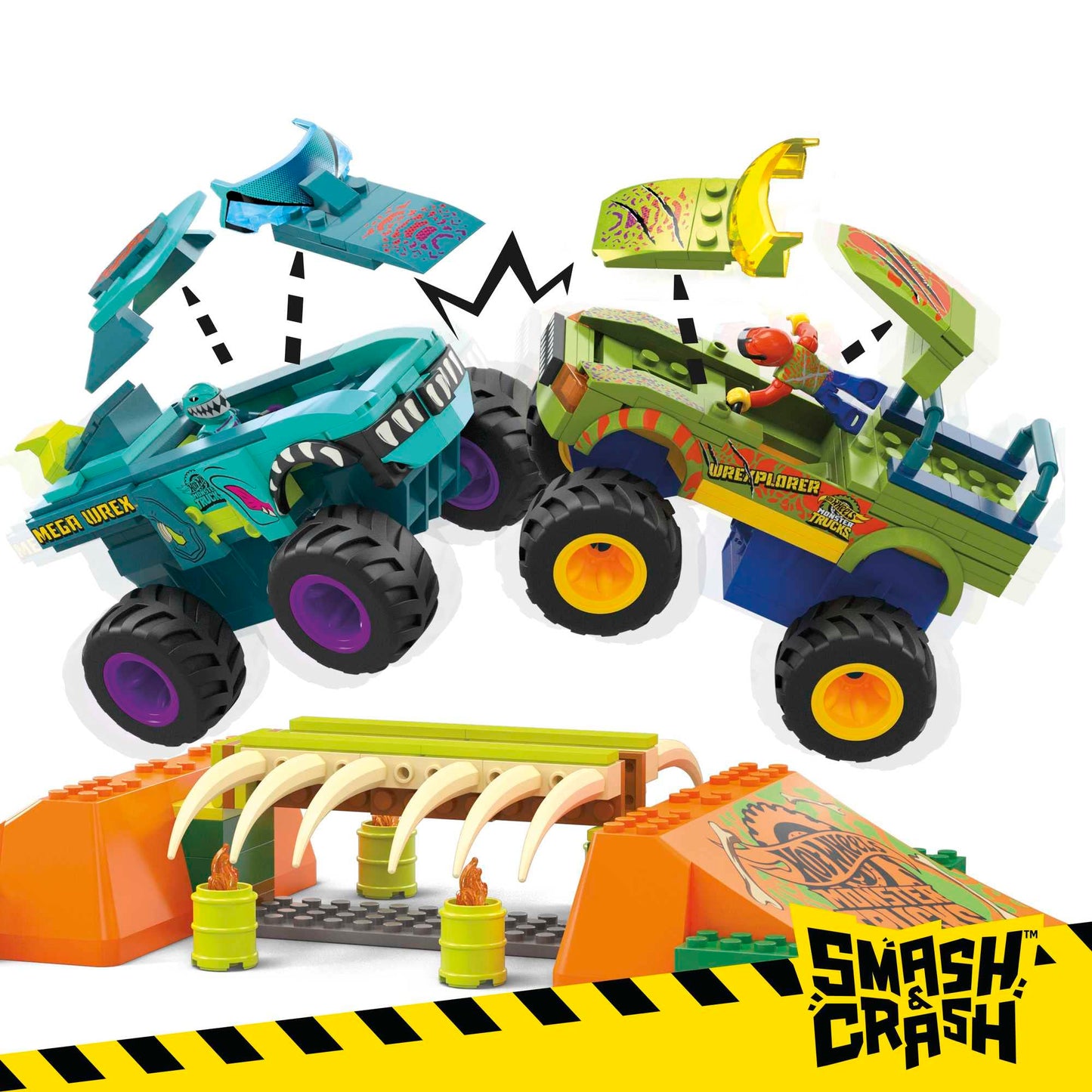 MEGA Hot Wheels Monster Trucks Building Toy, Smash & Crash Mega-Wrex Boneyard Stunt Course with 332 Pieces, 2 Figures and 2 Ramps, Kids Age 5+ Years, HKF89