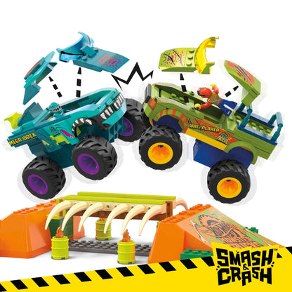 MEGA Hot Wheels Monster Trucks Building Toy, Smash & Crash Mega-Wrex Boneyard Stunt Course with 332 Pieces, 2 Figures and 2 Ramps, Kids Age 5+ Years, HKF89