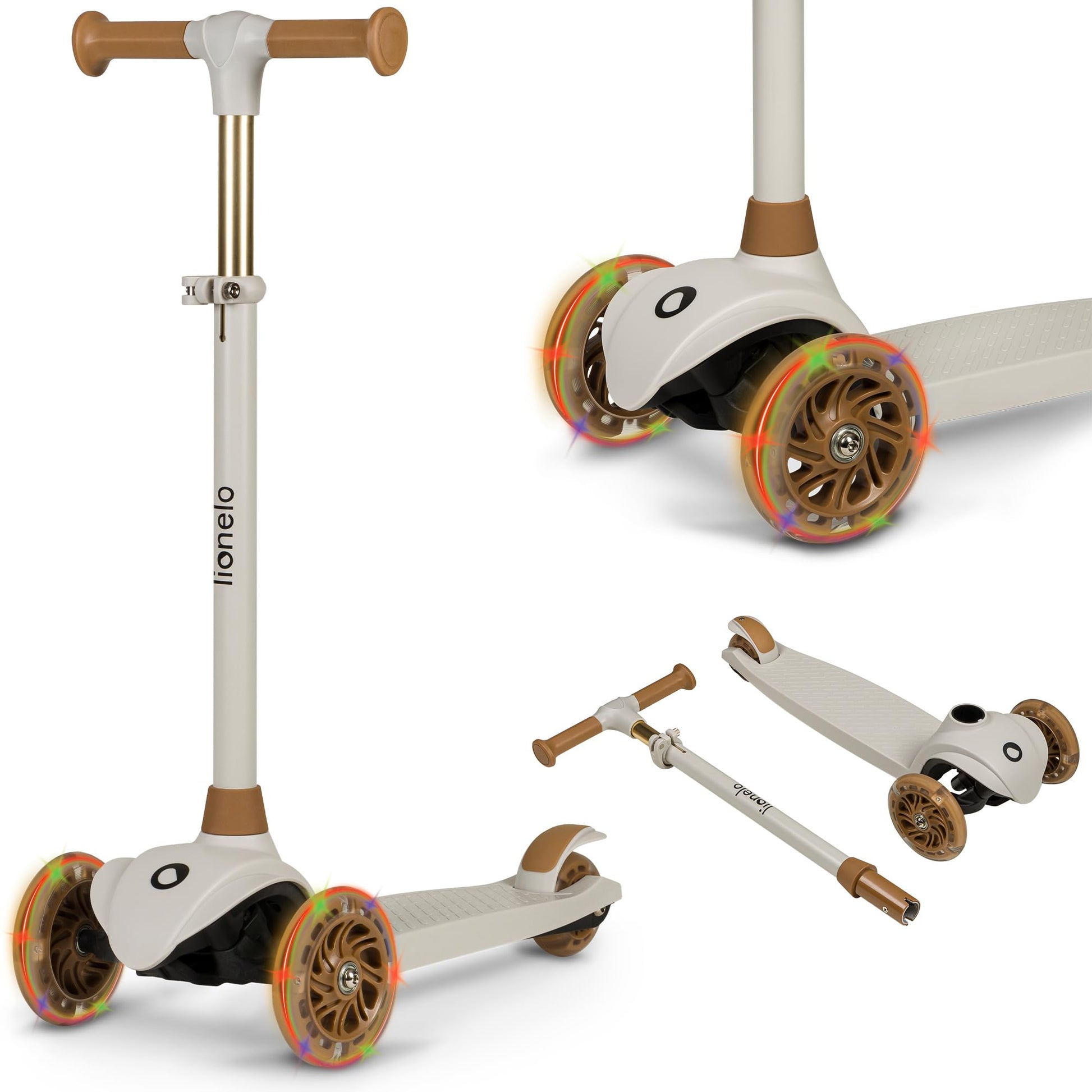 LIONELO JESSY kids scooter with LED light-up wheels, adjustable height, and non-slip platform for ages 3-5.