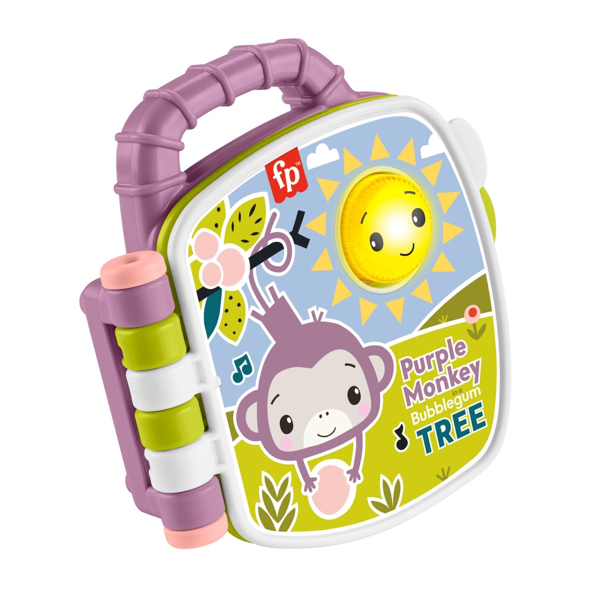 Fisher-Price baby toy purple monkey musical storybook with lights and sounds for infants and toddlers, age 6 months and up.