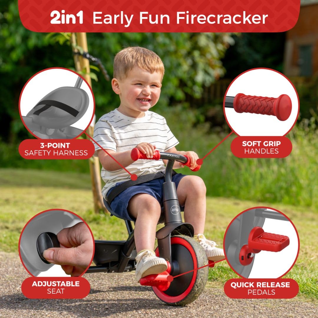 TP Zoomee 2 in 1 Trike – Firecracker -.Shock Resistant Wheels,
