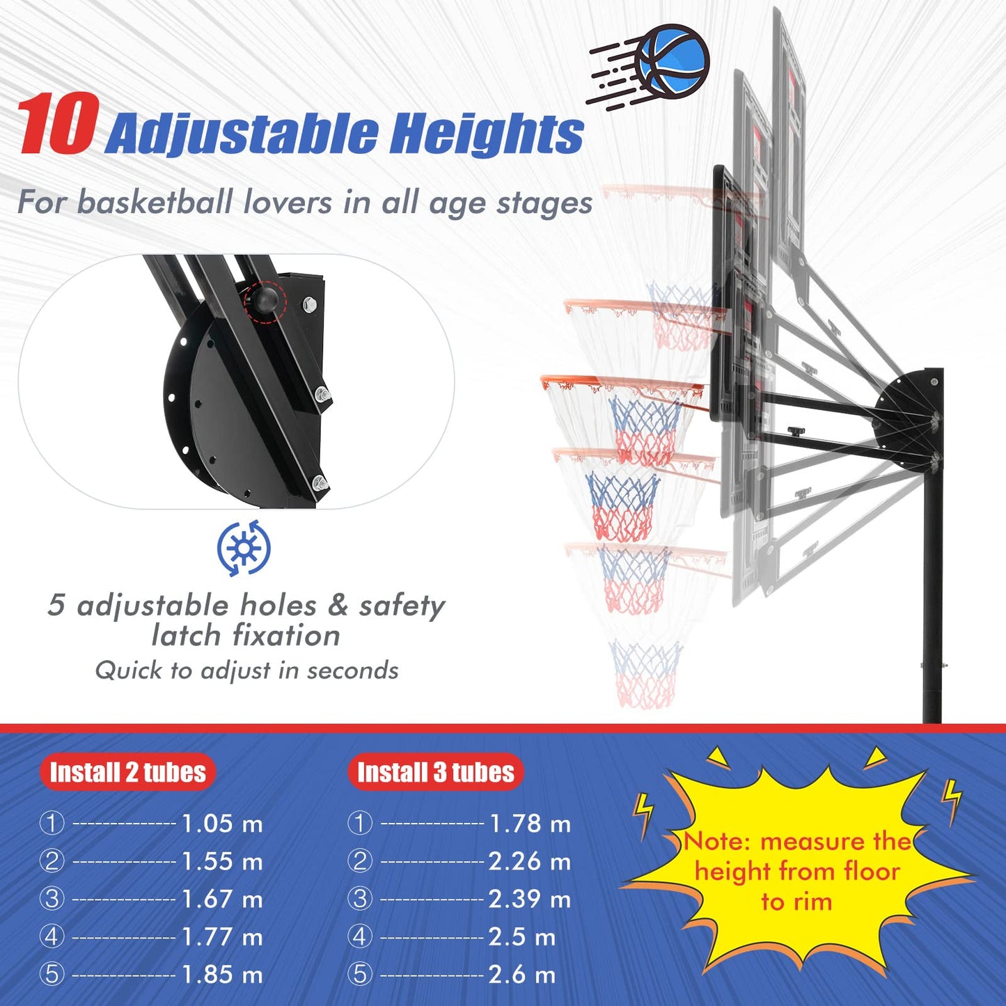 COSTWAY 10ft Basketball Backboard Hoop Net Set, 1.05M-2.6M Height Adjustable Basketball Stand with Wheels, Weighted Bag, for Kids, Junior and Adult