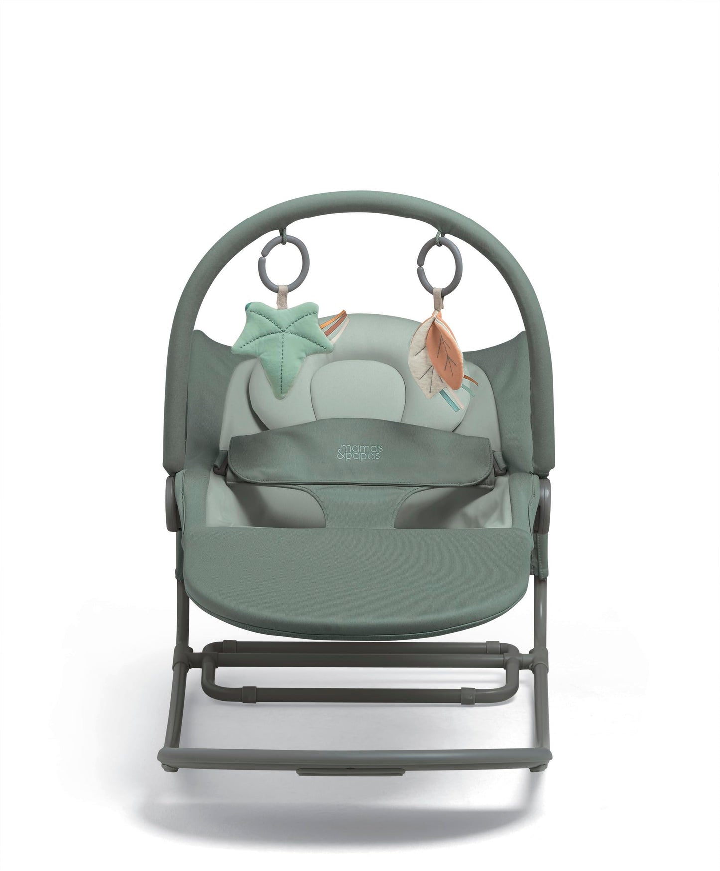 Mamas & Papas Tempo 3-in-1 rocker and bouncer with lightweight design, 3-point harness, and removable magnetic toy bar in Ivy color.