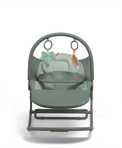Mamas & Papas Tempo 3-in-1 rocker and bouncer with lightweight design, 3-point harness, and removable magnetic toy bar in Ivy color.